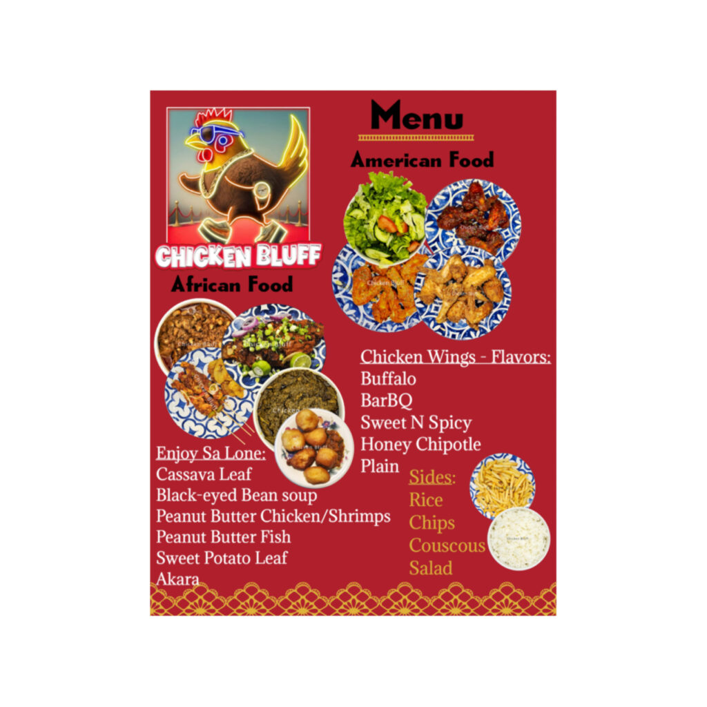 Chicken Bluff Menu page 1